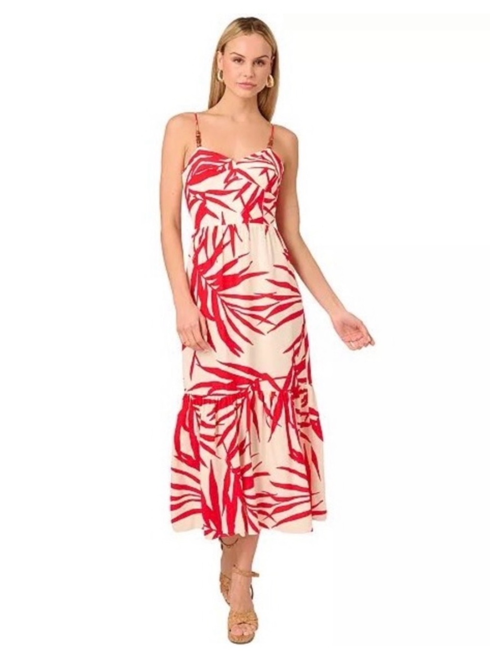 Adrianna Papell Cream Midi Dress with Red Palm Print